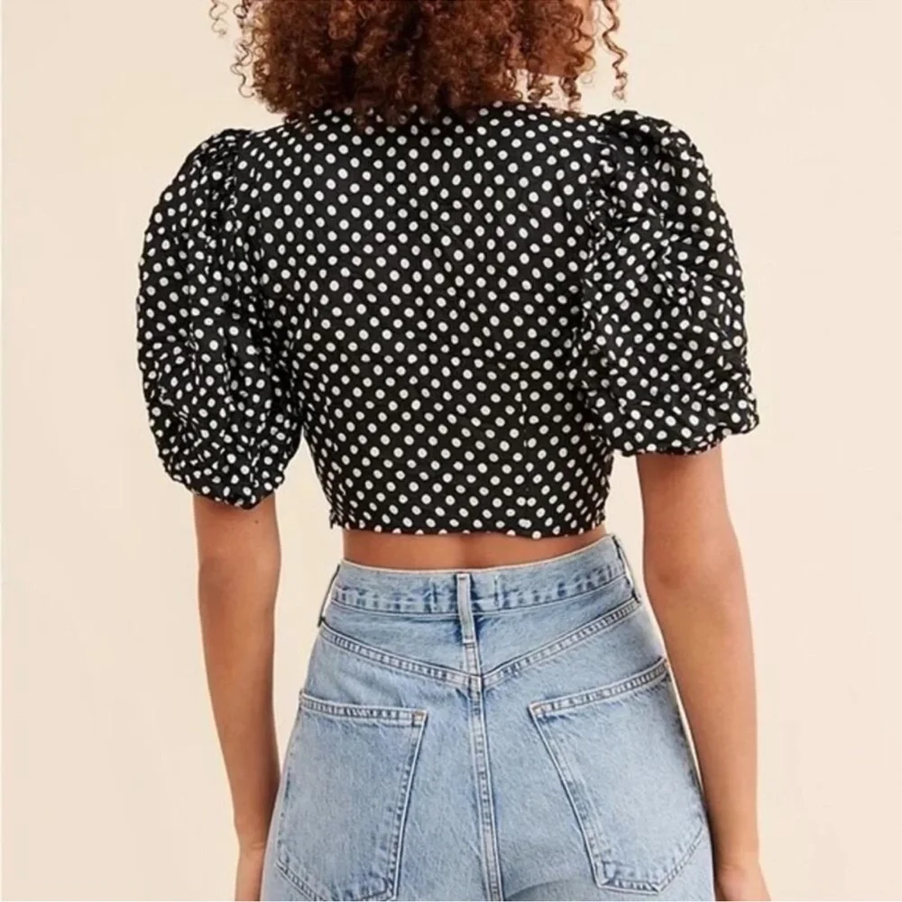 NEW Free People Polka Puff Sleeve Crop Top Black